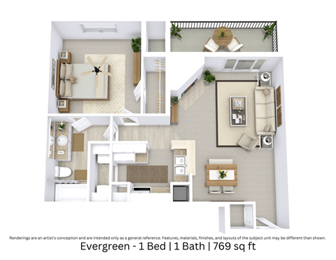 Floor plan for 1 bed, 1 bath, 769 sqft